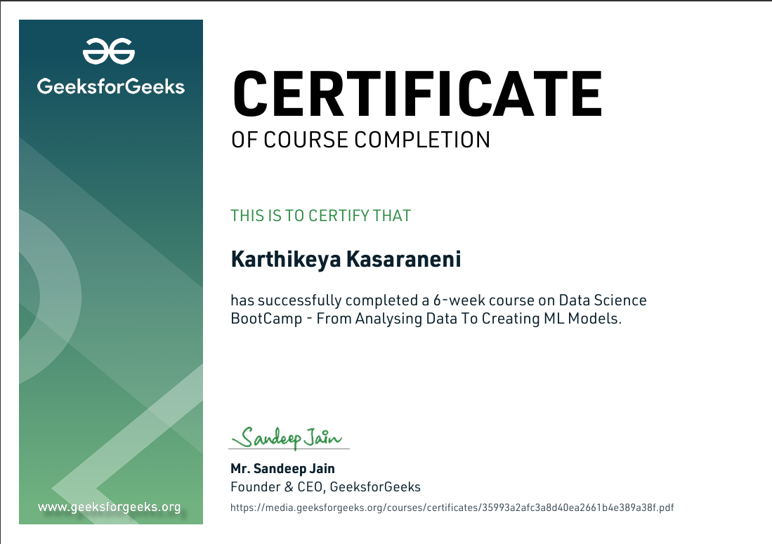 Data Science Bootcamp Certificate